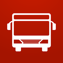 Das Logo der App zeigt einen skizzierten weißen Bus auf rotem Hintergrund