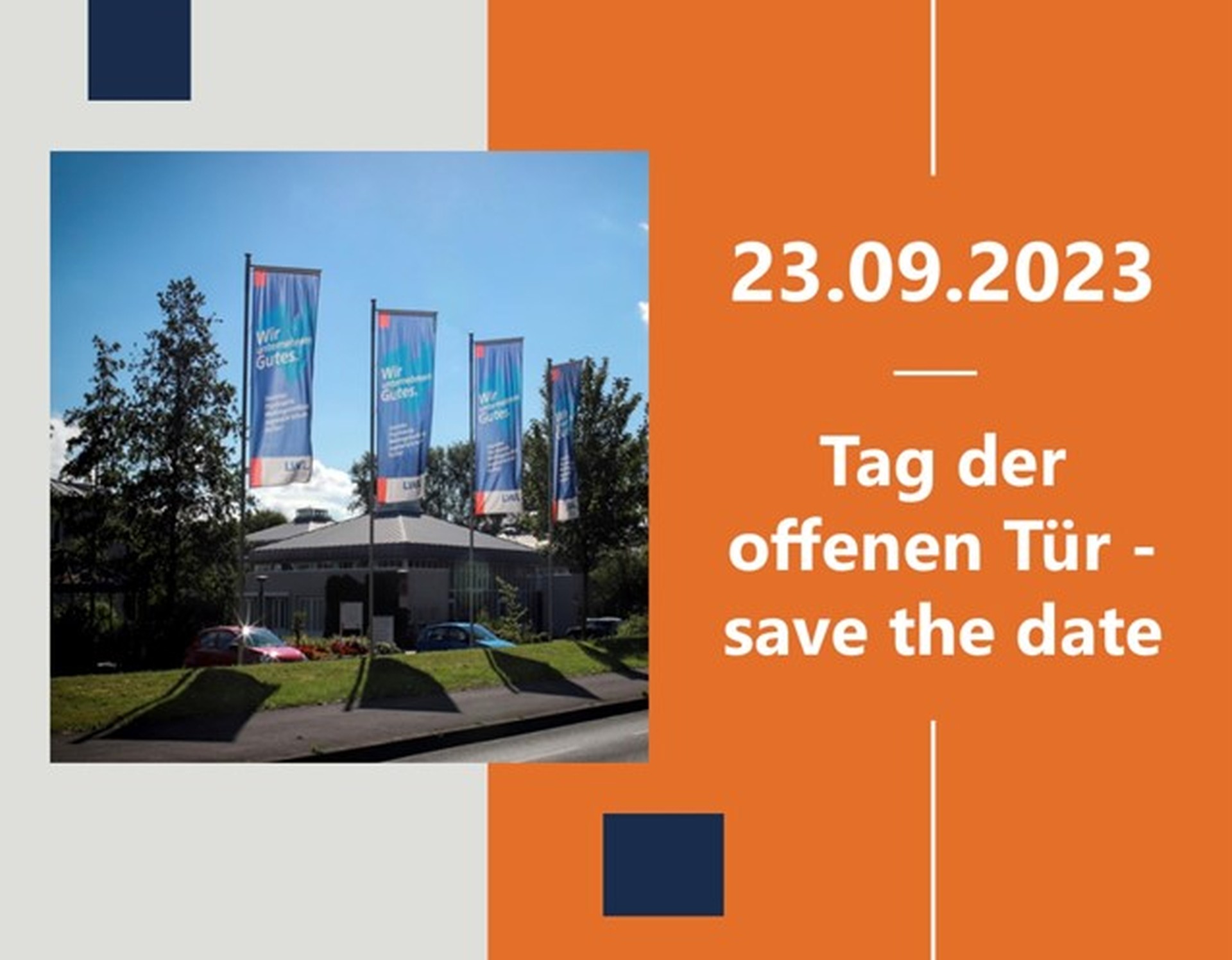 Das Bildungszentrum von außen mit dem Text: 23.09.2023: Tag der offenen Tür – save the date