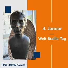 Die Aufschrift „4. Januar – Welt-Braille-Tag" neben einer Skulptur von Louis Braille