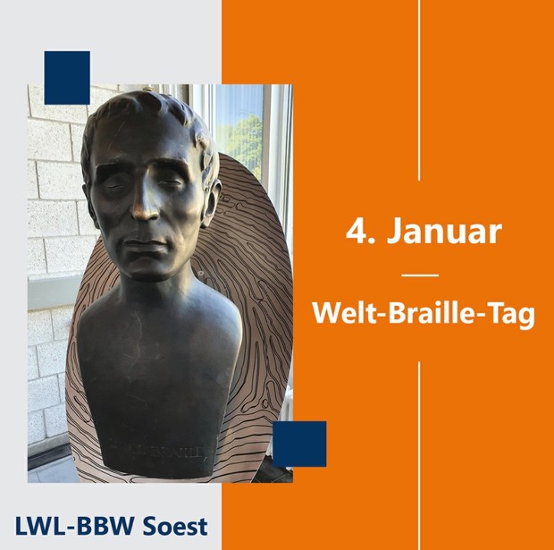 Die Aufschrift "4. Januar – Welt-Braille-Tag" neben einer Skulptur von Louis Braille.