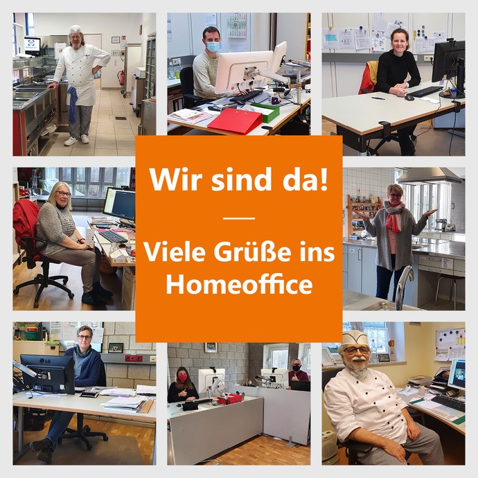 Eine Collage von unseren Mitarbeiterinnen und Mitarbeitern an ihren Arbeitsplätzen im BBW mit dem Titel: Wir sind da! Viele Grüße ins Homeoffice