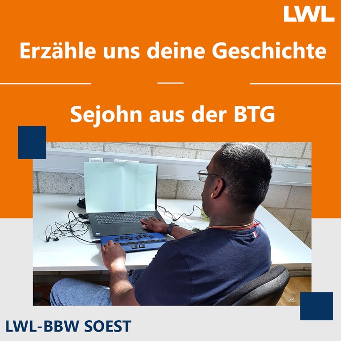 Sejohn nutzt die Braillezeile zum Verfassen seiner persönlichen Geschichte